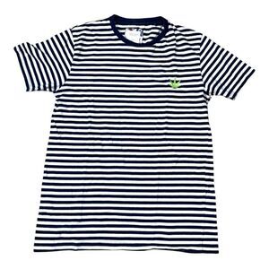Cactus Man Striped Navy & White T-Shirt Embroidered Weed Pot Cannibus Leaf S